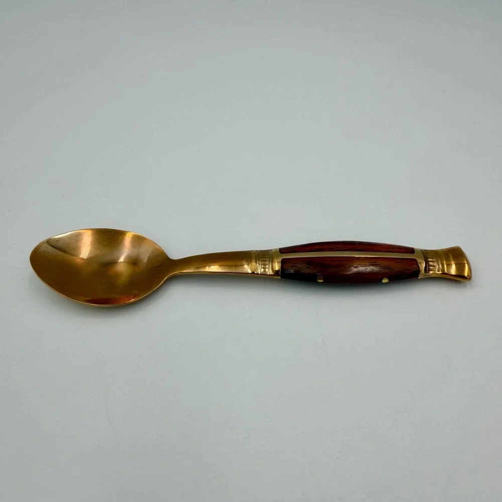 Vintage Thailand Bronze Spoon Wood Inlay Handle Mid Century Modern Flatware